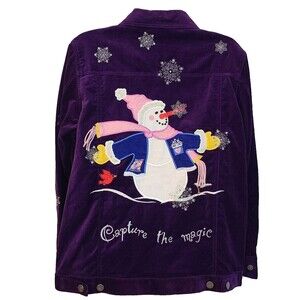Quacker Factory Purple Velvet Whimsical Snowman Magical Festive Trucker Jacket S